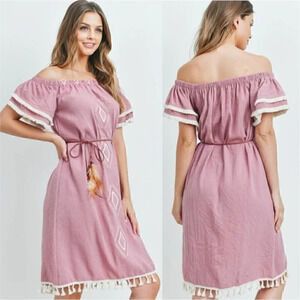 Decide Your Vibe Mauve tassel trime embroidered off shoulder Dress